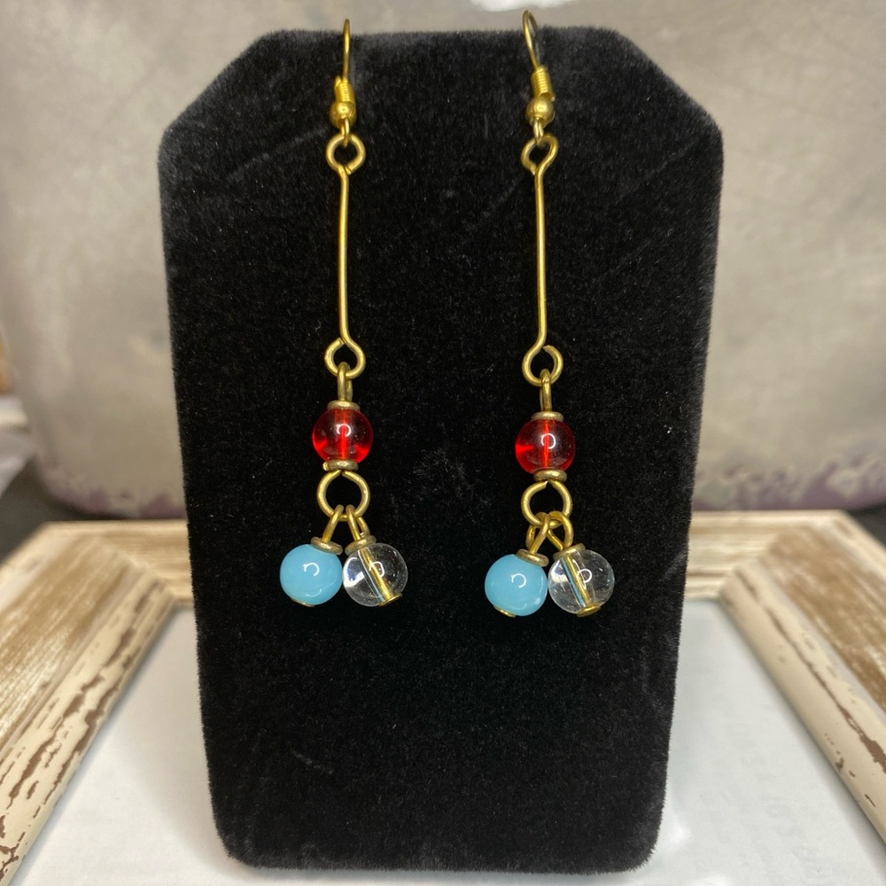 NEW Boho Chandelier Earrings Glass Beads Red Blue Brass Handmade Kenya